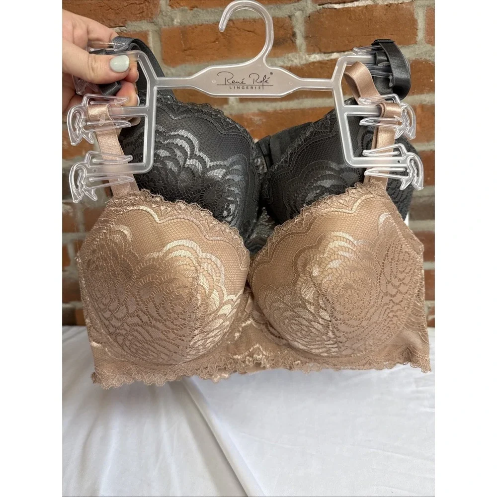 RENE ROFE NEW 38DD Bra Pink And Charcoal Lace Wire Light Padding Nordstrom NWT - Picture 3 of 6